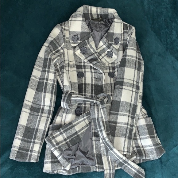 White/grey plaid peacoat - Picture 4 of 5